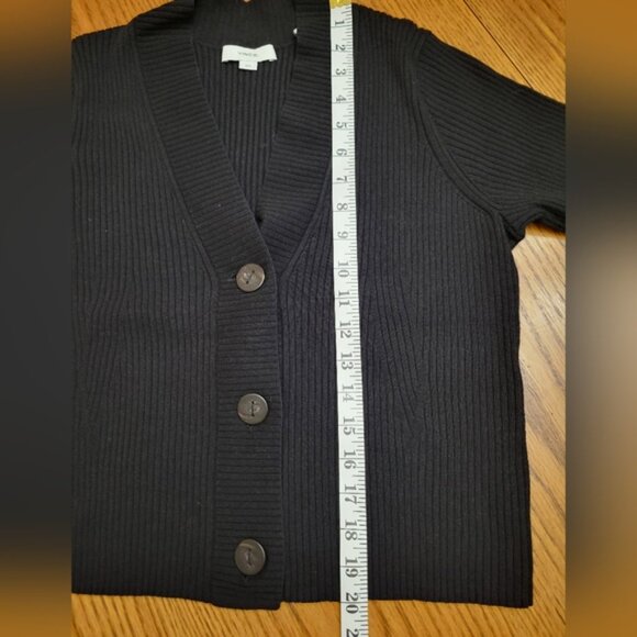 VINCE Wool Blend Ribbed Cropped V-Neck Cardigan Sweater Black Size Large - Picture 7 of 8